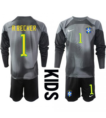 Lacne Dětský Futbalové dres Brazília Alisson Becker #1 Brankarsky  MS 2022 Dlhy Rukáv - Domáci (+ trenírky)